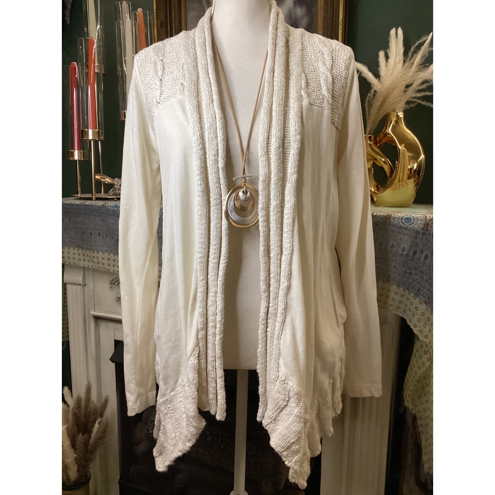 Lucky Brand‎ Lucky Lotus Cream Mixed Knit Open Front Cardigan Ruffle Hem Medium